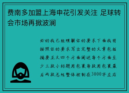 费南多加盟上海申花引发关注 足球转会市场再掀波澜