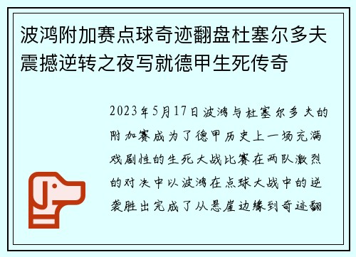 波鸿附加赛点球奇迹翻盘杜塞尔多夫震撼逆转之夜写就德甲生死传奇